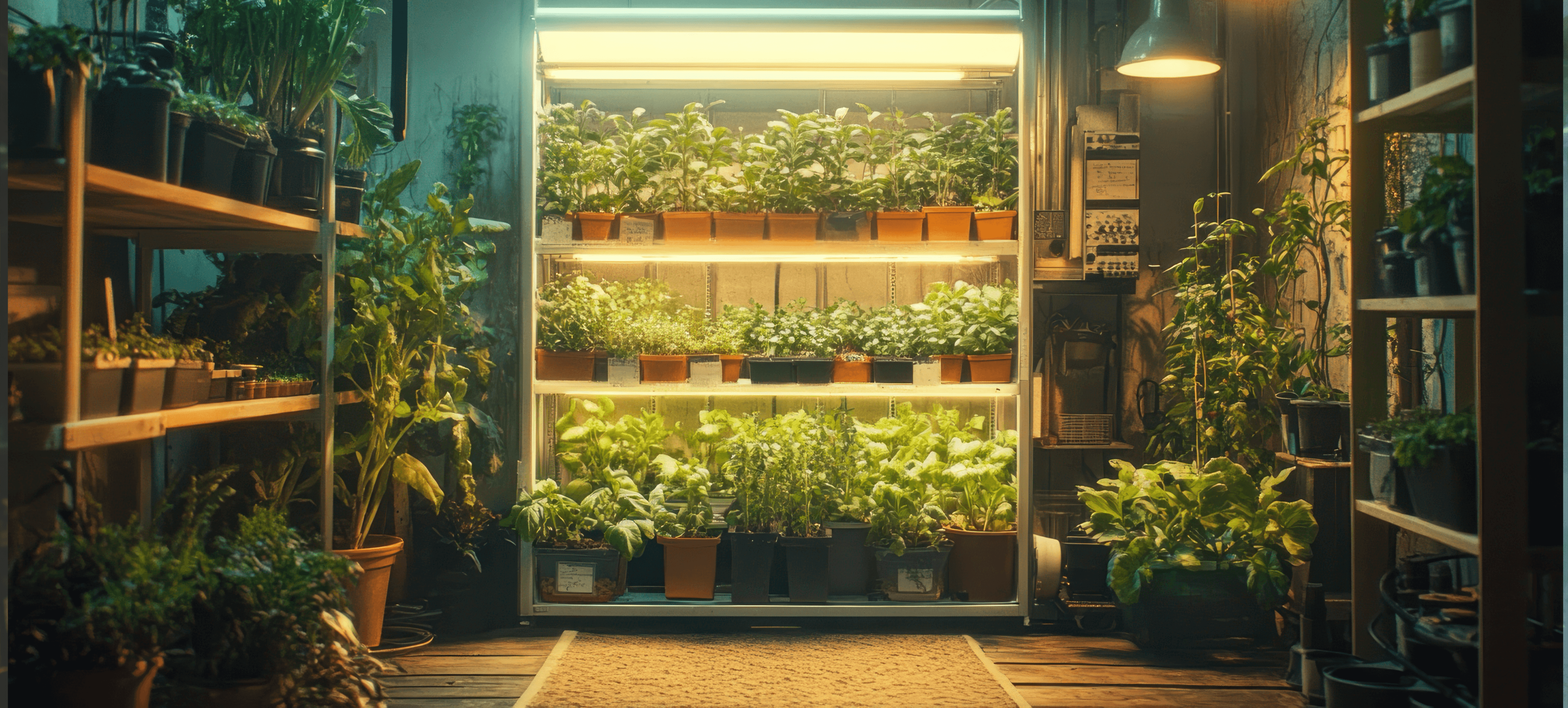 Wachstumsraum mit gepflegten Pflanzen und Regalen, ideal für Growshop-Dateien und Informationen.