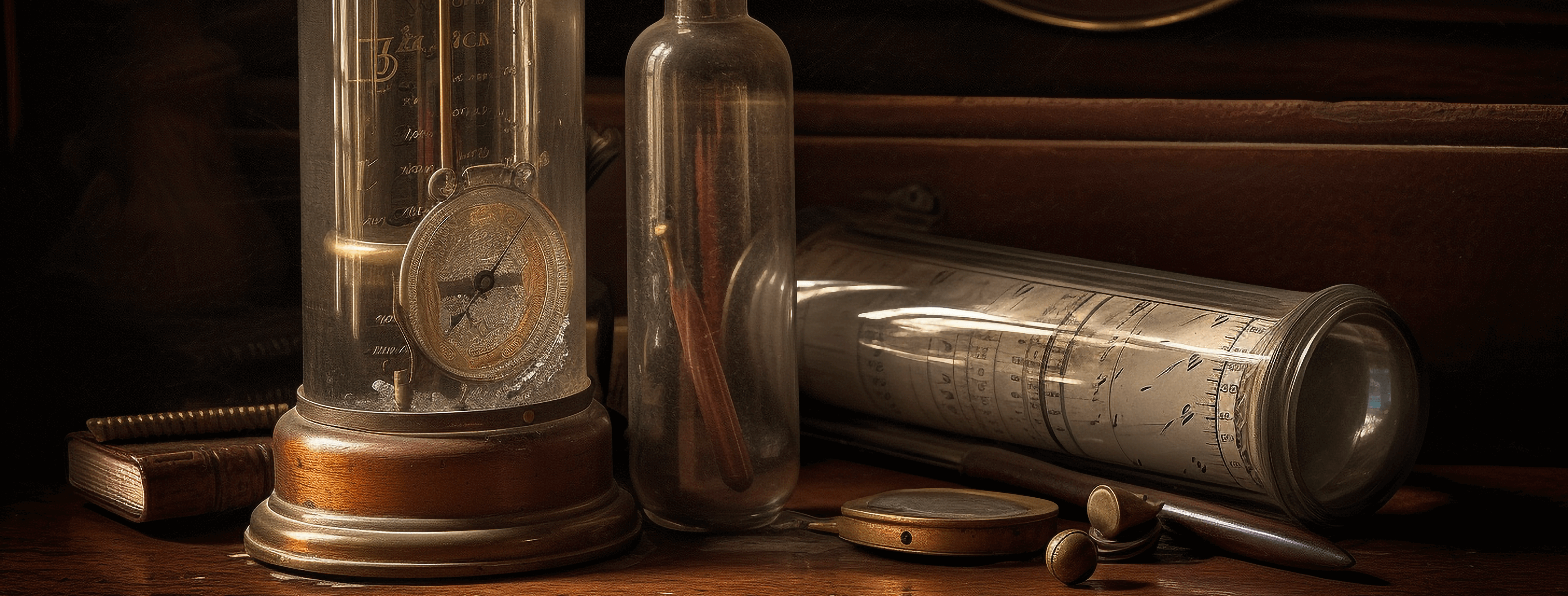 Antike Messgeräte und Schreibutensilien auf einem Tisch, umgeben von vintage Deko-Elementen.