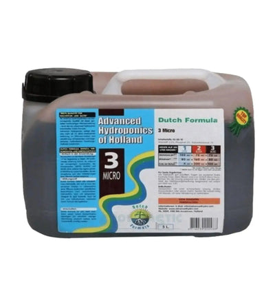 Flüssiger Dünger Advanced Hydroponics Dutch Formula 3 Micro in 1-Liter-Flasche, für hydrokulturelle Pflanzenpflege.