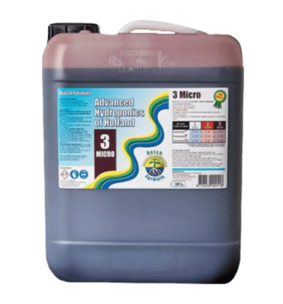 Advanced Hydroponics Dutch Formula 3 Micro Dünger in 1-Liter-Flasche, für gesunde Pflanzenwachstum und Nährstoffversorgung.