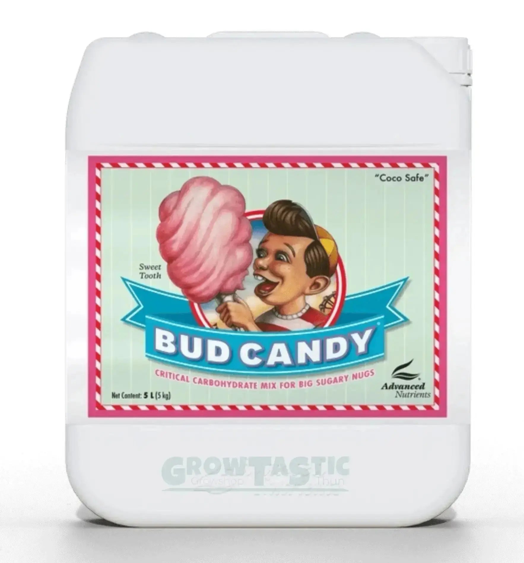 Flasche Advanced Nutrients Bud Candy® Dünger für Pflanzen, 250 ml, mit grünem Etikett und Dosierpumpe, auf weißem Hintergrund