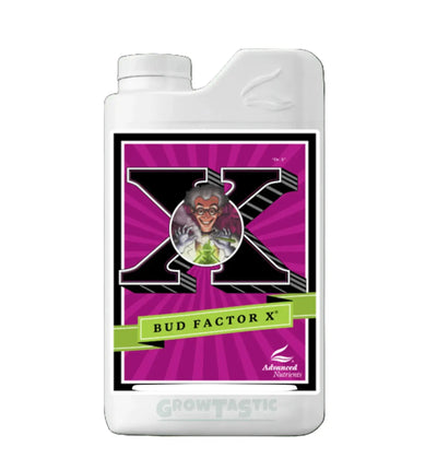 Dünger Flasche von Advanced Nutrients Bud Factor X® für Pflanzenwachstum, weißer Behälter mit grünem Etikett, 250 ml.
