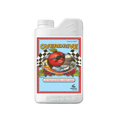 Flasche mit Advanced Nutrients Overdrive® Dünger in 250 ml für Pflanzenwachstum und Blüte, weißer Behälter mit grüner Beschriftung