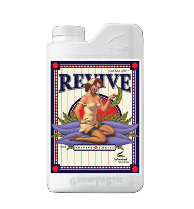 Flasche Advanced Nutrients Revive Dünger, 250 ml, für Pflanzenpflege, mit grünen Blättern im Hintergrund