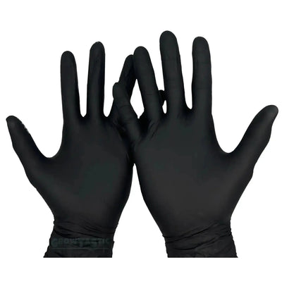 Schwarze Aldena Nitrilhandschuhe, enge Passform, für Schutz und Hygiene, aus flexiblem Nitrilmaterial.