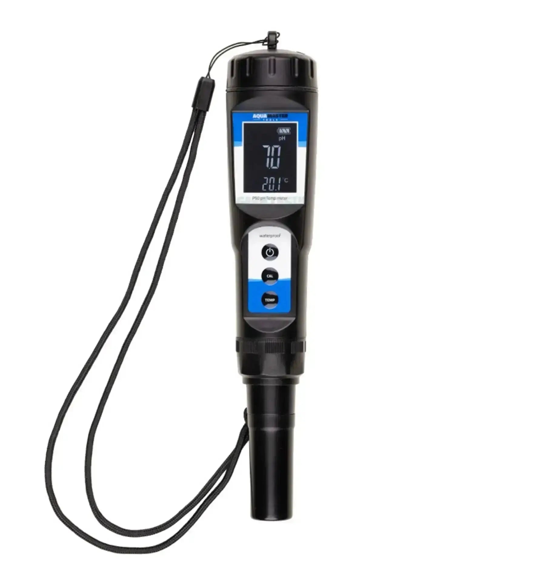 Aquamaster Tools pH- und Temperaturmessgerät P50 Pro 2 zeigt digitales Display mit Messsensoren für Wasserqualität