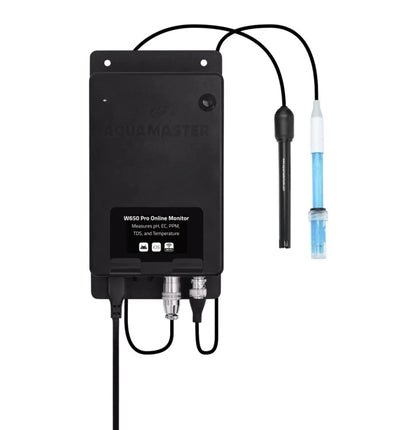 Aquamaster Tools W650 Pro Online Messgerät mit Inline-Sonden für pH, EC, PPM, TDS und Temperaturmessung.