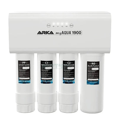 ARKA myAQUA® 1900 Umkehrosmoseanlage mit Filter und Wasserhahn für sauberes Trinkwasser, klarer Blick auf das Osmose-System