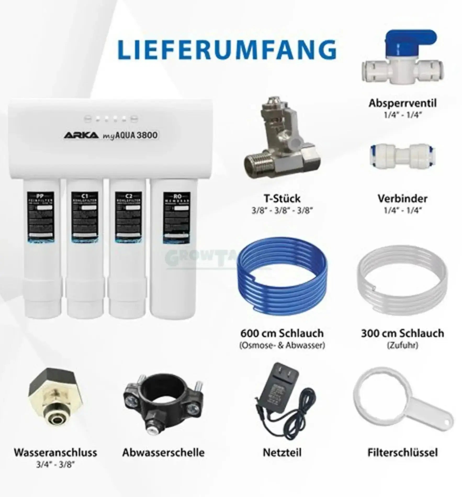 ARKA myAQUA® 3800 Umkehrosmoseanlage, Wasserfilteranlage mit mehreren Filtern und Leitungen, für sauberes Trinkwasser