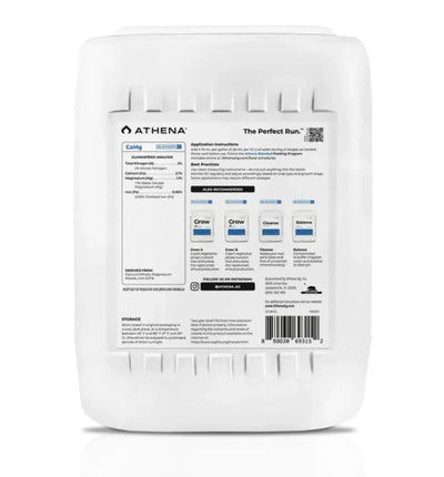 Athena CaMg Dünger in 3,78-Liter-Flasche, zeigt die Verpackung und Produktetikett des Athena CaMg Düngers.
