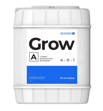 Athena Grow A Dünger in 3,78-Liter-Flasche, nährstoffreiche Flüssigdüngung für Pflanzen, mit grünem Etikett und Flasche.