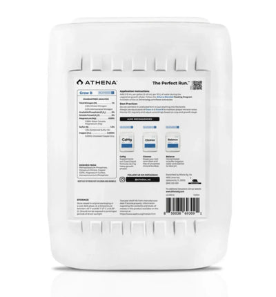 Athena Grow B Dünger in 3,78 Liter Kanister, nährstoffreicher Flüssigdünger für Pflanzen, mit Blick auf die Produktflasche.