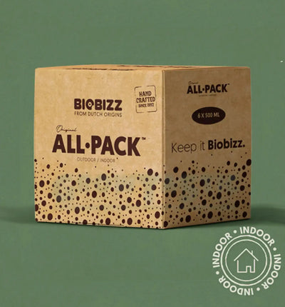 BioBizz All Pack Indoor Dünger, organischer Bio-Dünger für Indoor-Pflanzen, zeigt die Verpackung mit verschiedenen BioBizz-Produkten