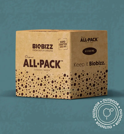 BioBizz All Pack Outdoor Bio-Dünger für Pflanzen, zeigt die Verpackung mit verschiedenen BioDünger-Produkten.