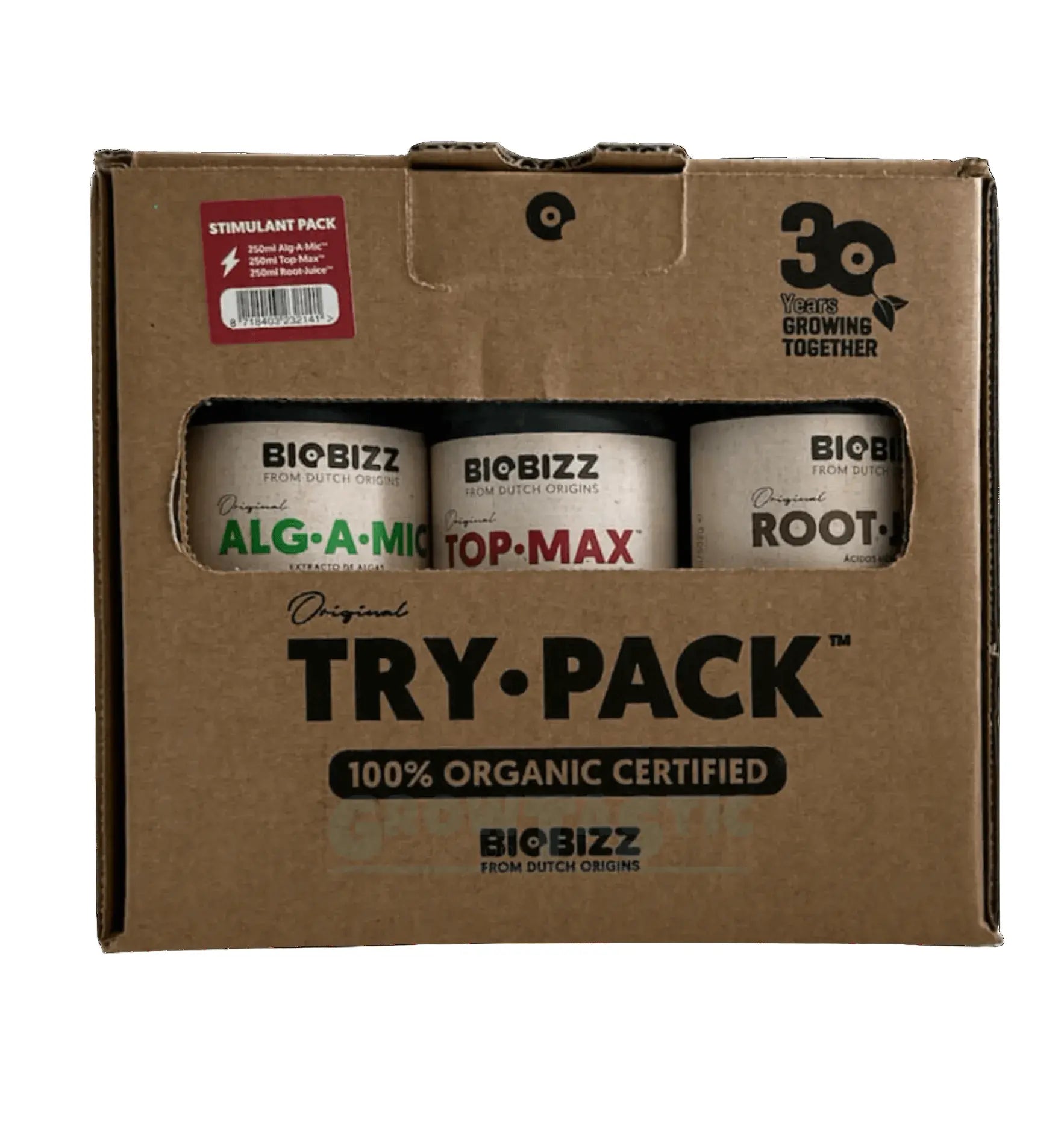 BioBizz Try Pack Stimulants für Pflanzenpflege, enthält ALG-A-MIC, TOP-MAX und ROOT für optimales Wachstum.