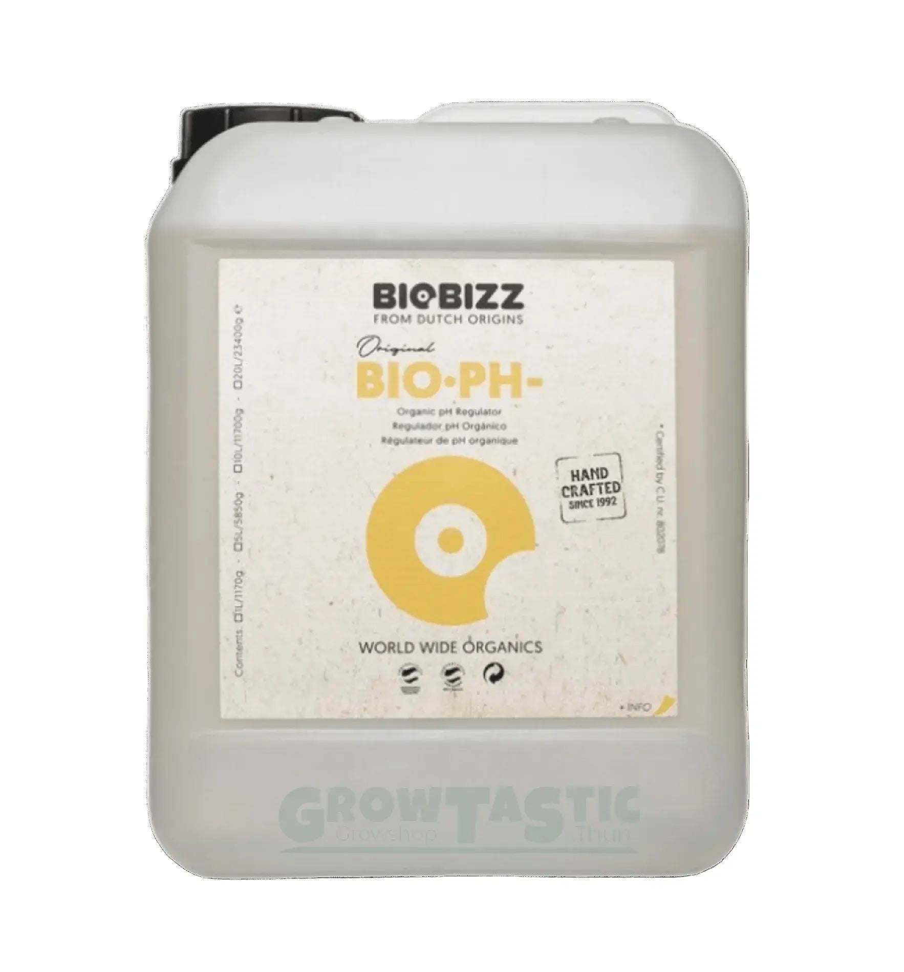 BioBizz BIO-PH- Flasche für organische pH-Regulierung im Growshop. Informationen und Logo integriert.