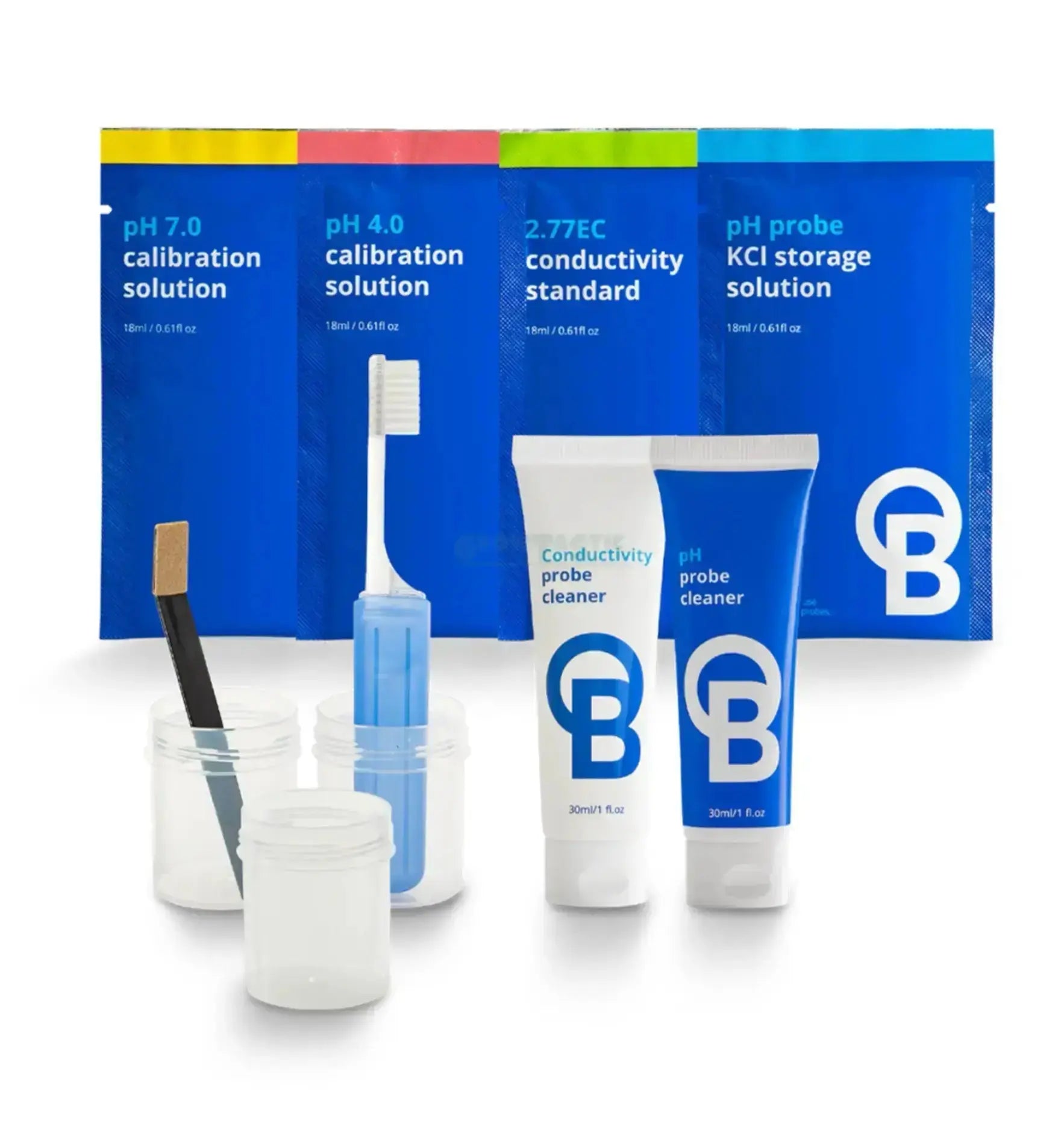 Bluelab Probe Care Kit Kalibrierflüssigkeit für pH- und Leitfähigkeitsmessung, inklusive Flaschen und Messgeräte.