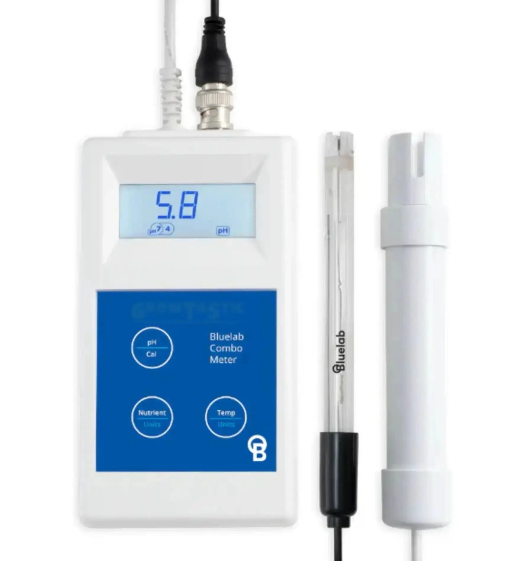 Bluelab Combo Meter, digitales Messgerät für pH, EC und Temperatur, zeigt Messwerte auf dem Display.