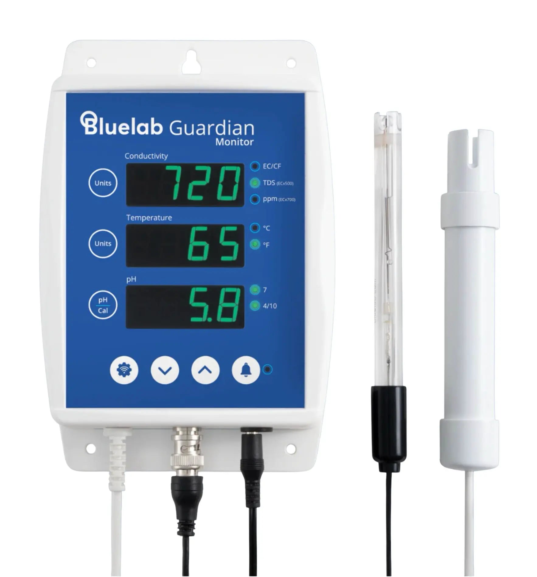 Bluelab Guardian Monitor Wi-Fi, digitales Messgerät zur Überwachung von Wasserwerten, zeigt Messwerte auf dem Display.