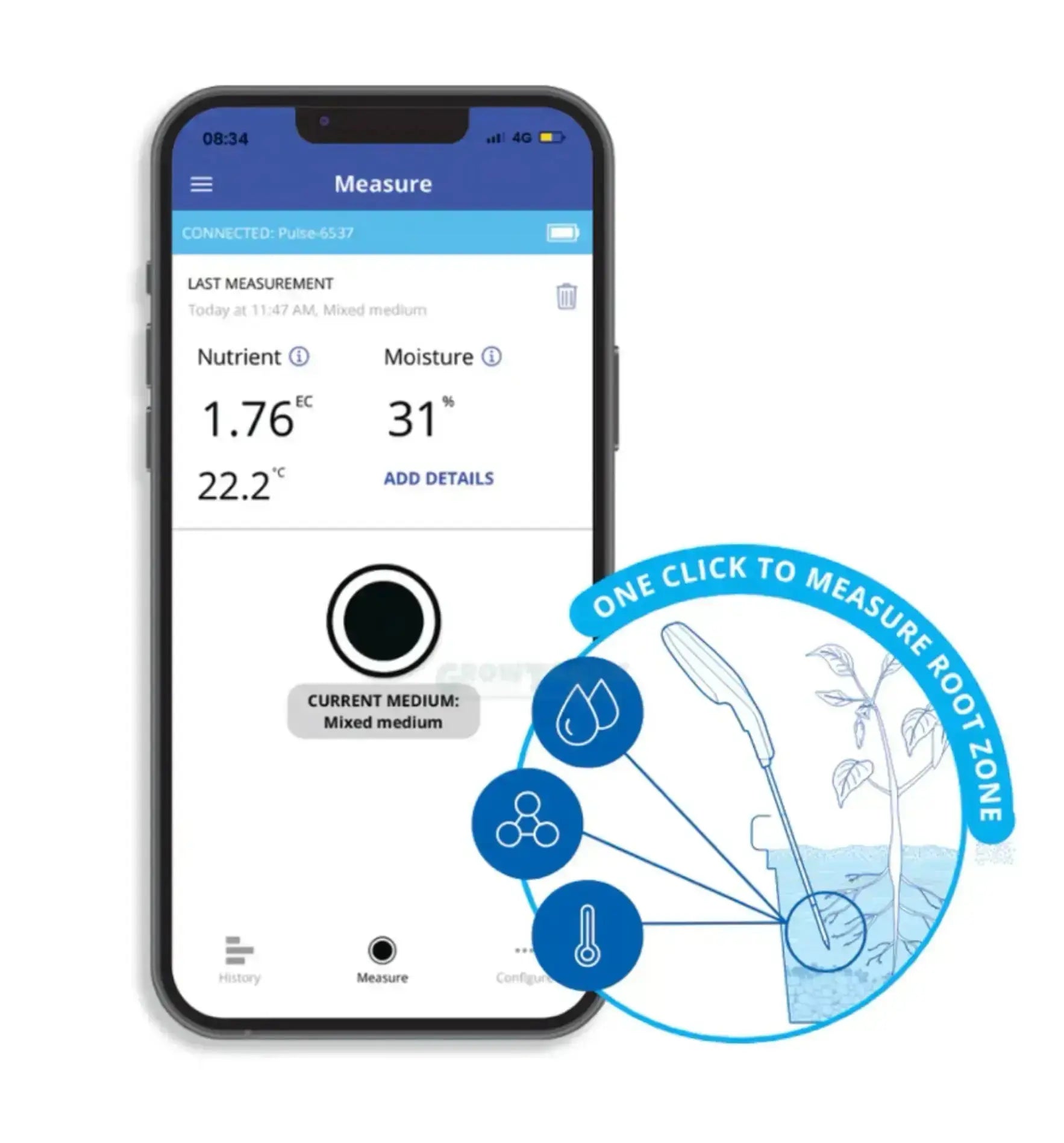 Bluelab Pulse Meter, ein Messgerät zur Überwachung von Wasserqualität, zeigt digitale Anzeigen und Sensoren in einem kompakten Design.