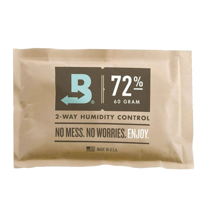Boveda 72% Feuchtigkeitspack für Aufbewahrung, einzeln verpackt, zeigt das Produkt in der Verpackung mit Boveda-Logo.