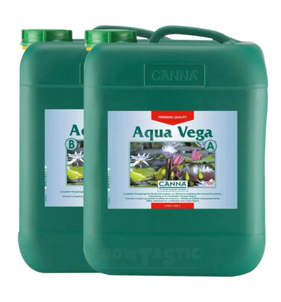 Flasche mit Canna Aqua Vega A & B Dünger in 1-Liter-Design, für gesunde Pflanzen und optimales Wachstum.