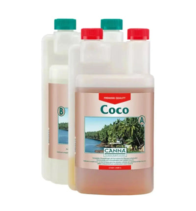 Canna Coco A & B Düngerflasche, 1 Liter, Canna Markenprodukt für Pflanzenpflege, klare Flasche mit Etikett.