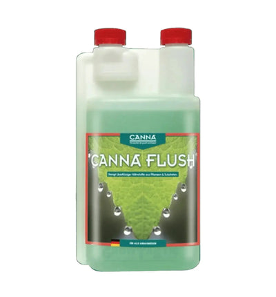 Canna Flush Dünger in 1-Liter-Flasche, natürliche Pflanzennahrung für gesunde Pflanzen, zeigt die Flasche mit Etikett und Dosierungsangaben