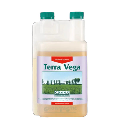 Flasche mit 1 Liter Canna Terra Vega Dünger für Pflanzen, mit grüner Verpackung und Canna Logo auf der Flasche