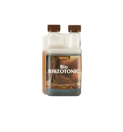 Biocanna Rhizotonic biologischer Wurzelstimulanz-Dünger von Canna, 250 ml Flasche mit grünem Etikett.
