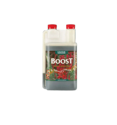 Canna Boost Accelerator Dünger in 250 ml Flasche, flüssiger Pflanzenstimulator mit grünen Blättern im Hintergrund