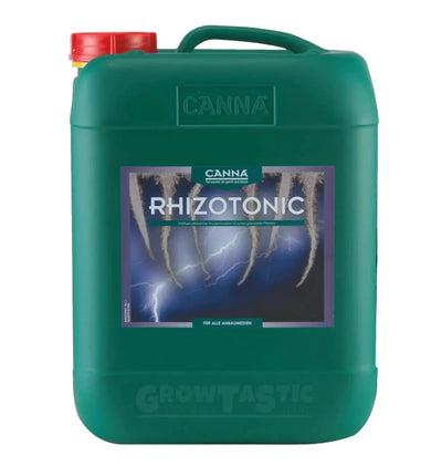 Canna Rhizotonic Dünger in 250 ml Flasche, natürliche Wurzelstimulanz für gesunde Pflanzen, auf weißem Hintergrund.