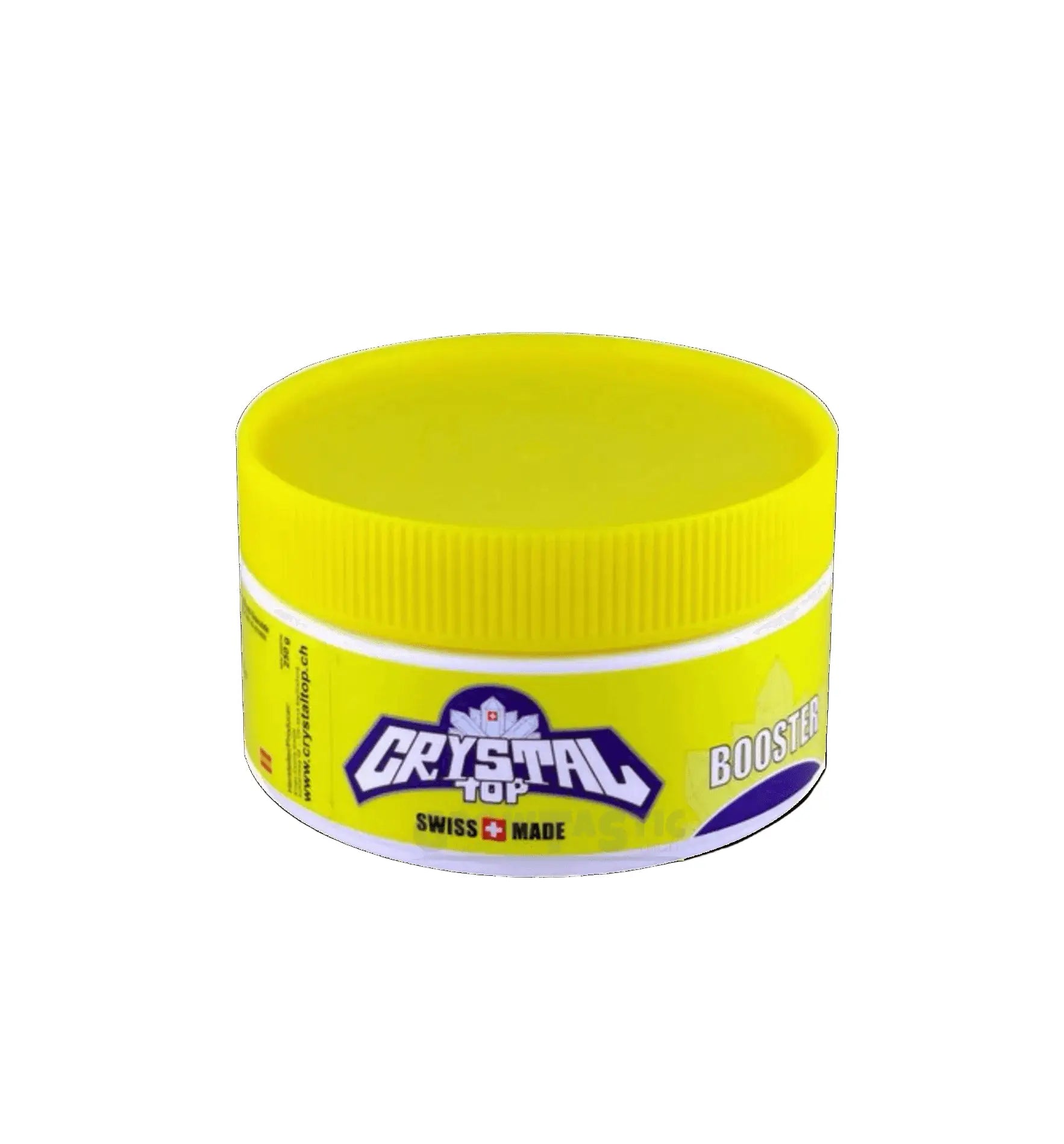 Gelbe Booster-Dose von Crystal Top, Swiss made, für Produkte im Growshop.
