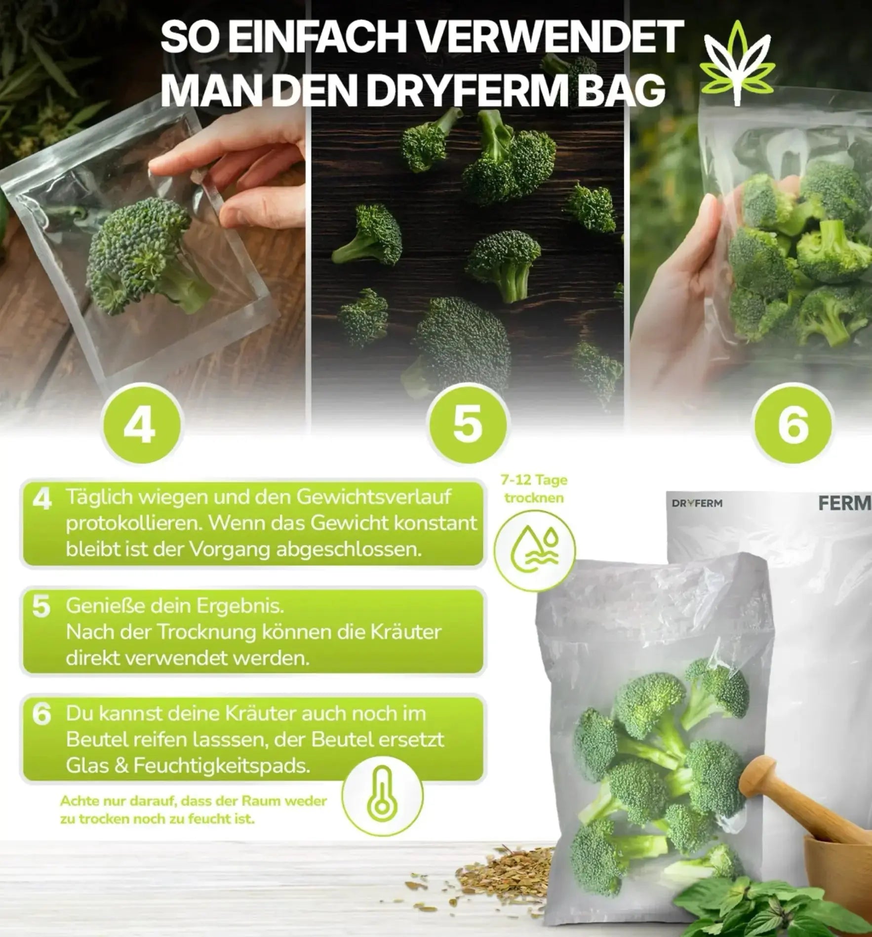 Dryferm Aufbewahrungsbeutel im 3er Set, Trocknungssystem, langlebiges Material, ideal zur sicheren Lagerung und Trocknung.