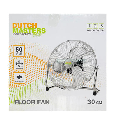 Dutch Masters Bodenventilator 30cm, leistungsstarker Ventilator für Hydroponik und Pflanzenpflege, in Betrieb.