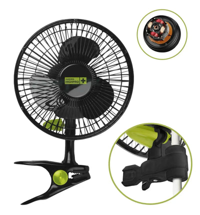 Garden Highpro GHP Profan professioneller Clip-Ventilator, 12W, zeigt den schwarzen Ventilator mit Cliphalterung.