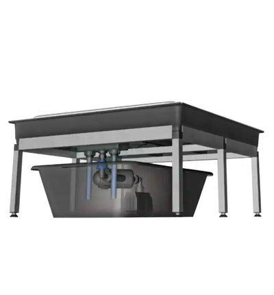 GrowSYSTEM Aeroponic Bewässerungssystem von GrowTOOL mit transparenten Wasserbehältern und Pflanzen.