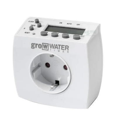 GrowTOOL growWATER Steuerung für Bewässerung, mit Anzeigen und Bedienelementen auf der digitalen Timer-Oberfläche