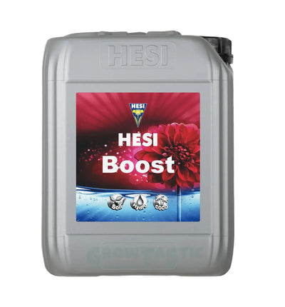 Hesi Boost Dünger Flasche, 1 Liter, für Pflanzenwachstum, mit Hesi-Brand, geöffnete transparente Flasche mit grüner Beschriftung