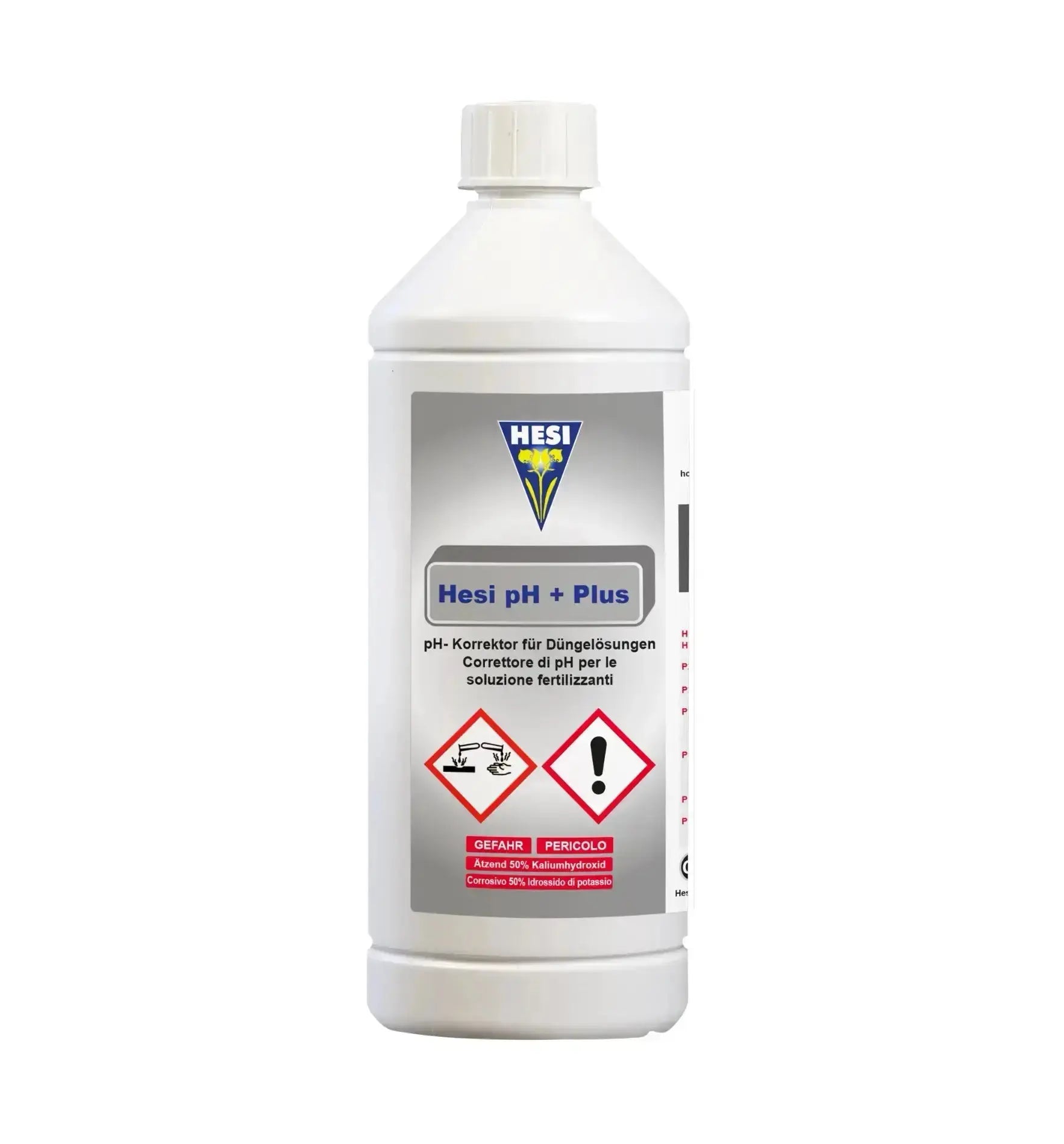 Flasche mit Hesi pH Plus Dünger, 1 Liter, zur pH-Wert-Regulierung für Pflanzen, Hesi Marke, auf weißem Hintergrund.