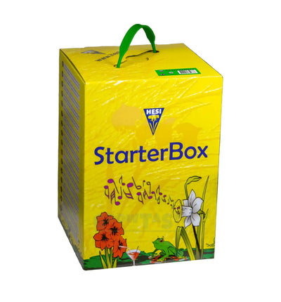 Hesi Starterset Erde, Dünger-Set mit verschiedenen Nährstoffen für gesunde Pflanzen, in einer transparenten Verpackung.