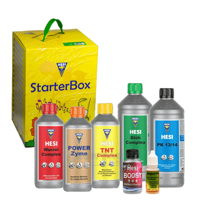 Hesi Starterset Erde, naturbelassener Dünger für Pflanzen, enthält verschiedene Nährstoffe, in einer Verpackung mit Hesi-Logo.