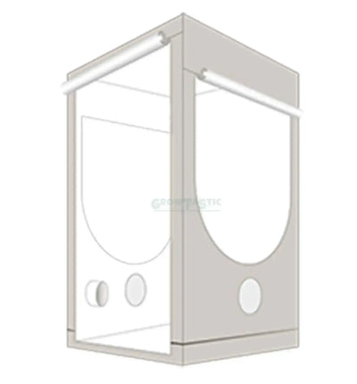 Homebox® Q+ quadratische Growbox mit extra Höhe, stabile Struktur, ideal für Pflanzenzucht, in einem modernen Raum.