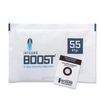 Integra Boost 2-Weg Feuchtigkeitsregler für Aufbewahrung, 55 %, in Verpackung, zur Feuchtigkeitskontrolle in Lagerboxen.