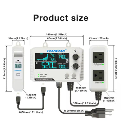 JuanJuan CO₂ Steuergerät, digitales CO₂-Controller-Gerät für präzise Steuerung in Gewächshäusern oder Anbauanlagen