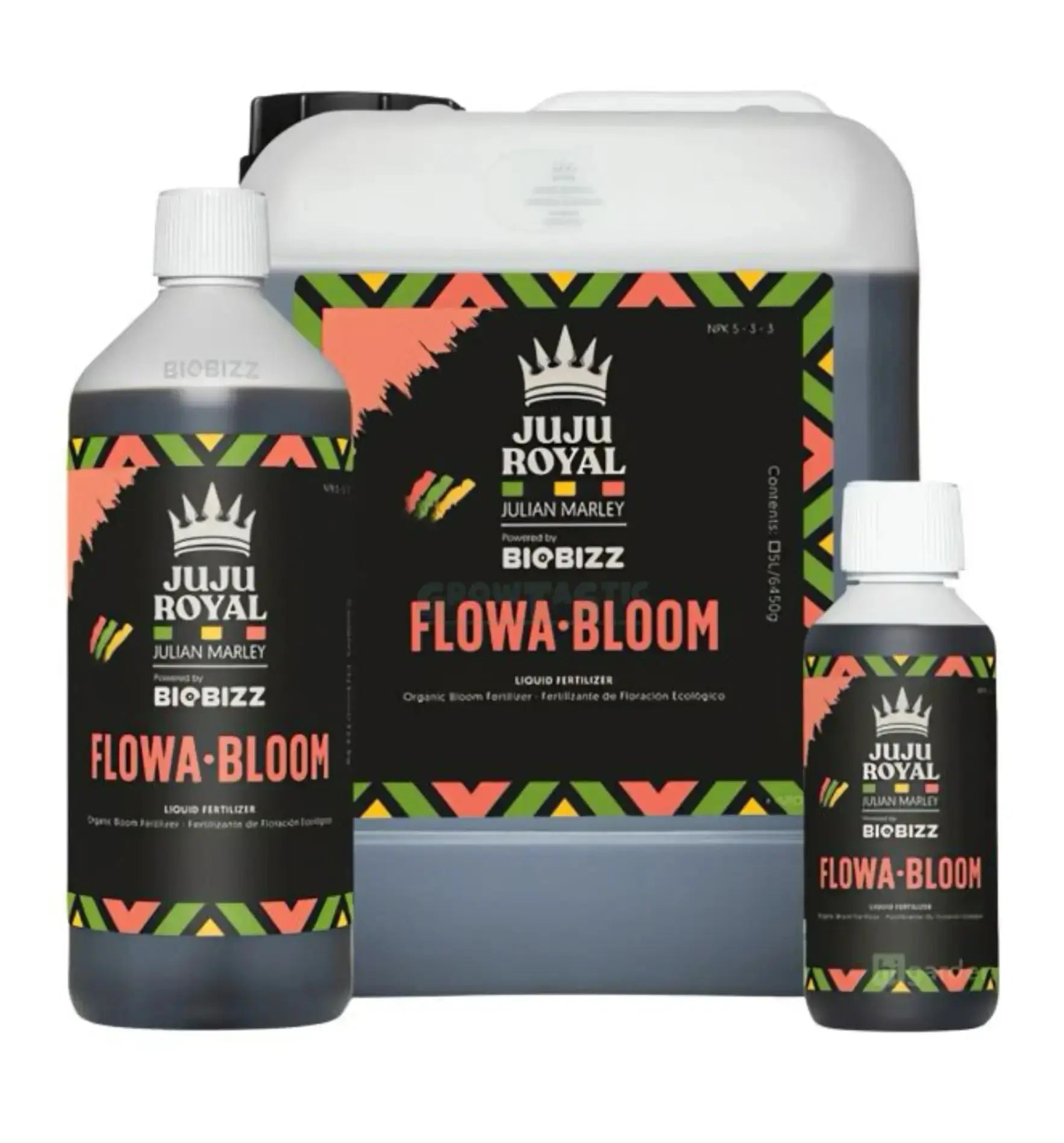 Flaschen mit Flowa:Bloom Flüssigdünger von Juju Royal für die Pflanzenpflege im Growshop.
