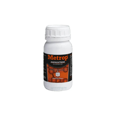 Metrop AminoXtrem Düngerflasche, 250 ml, mit grüner Verschlusskappe und Label, für Pflanzenwachstum und Vitalität.
