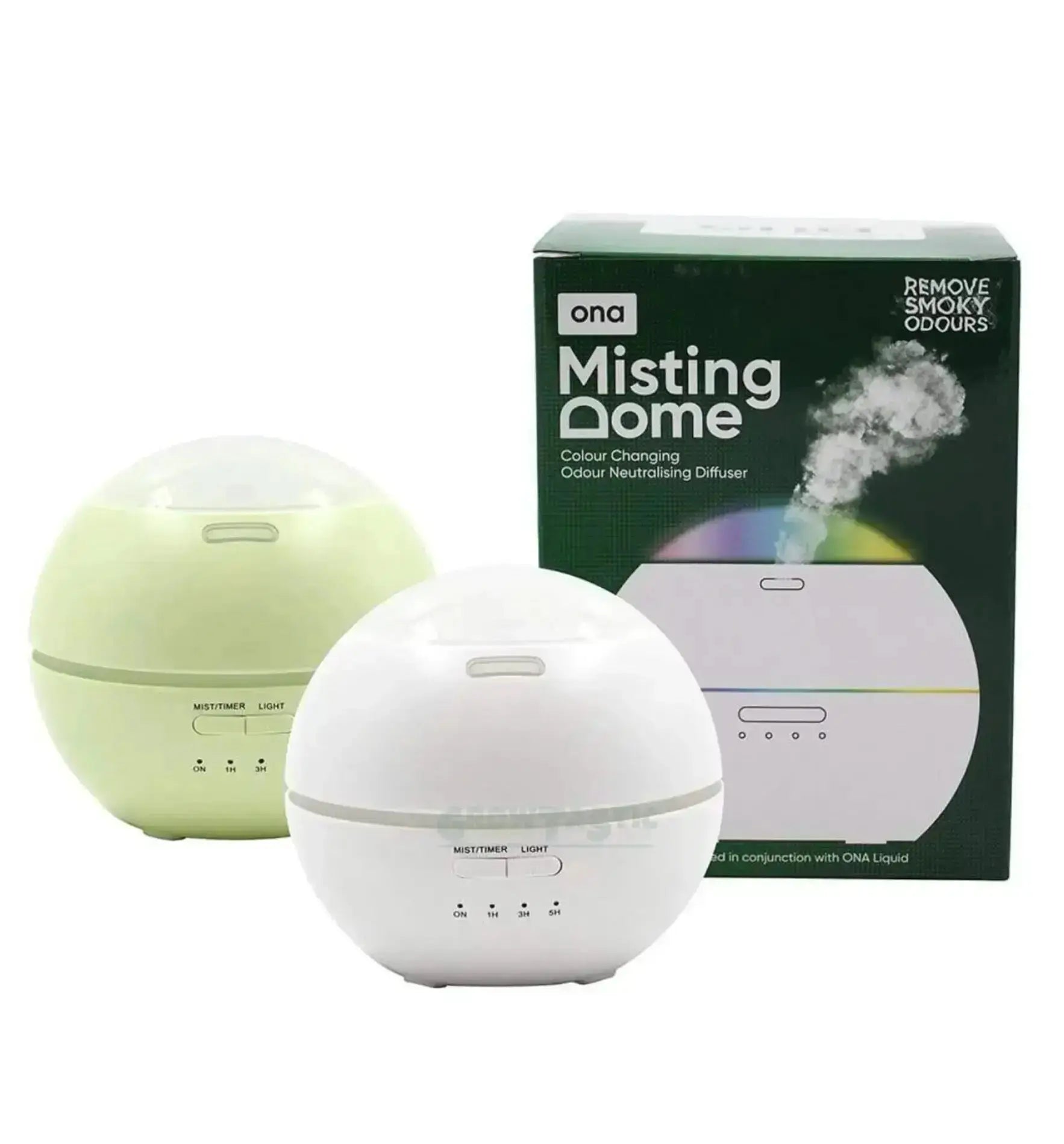 Weiße Ona Liquid Misting Dome zur Geruchsneutralisation, kompakte und elegante Raumduftlösung für frische Luft.