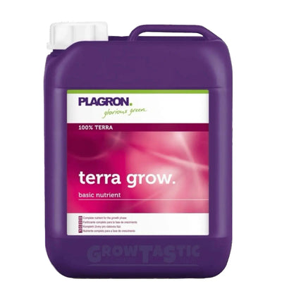 Flasche mit 1 Liter Plagron Terra Grow Dünger für Pflanzenwachstum, grüne Verpackung mit Produktetikett.