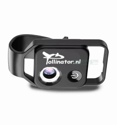 Pollinator Trichome Explorer 200x Mikroskop zeigt die Trichome auf einer Mobiltelefonaufnahme, detailreiche Nahaufnahme.